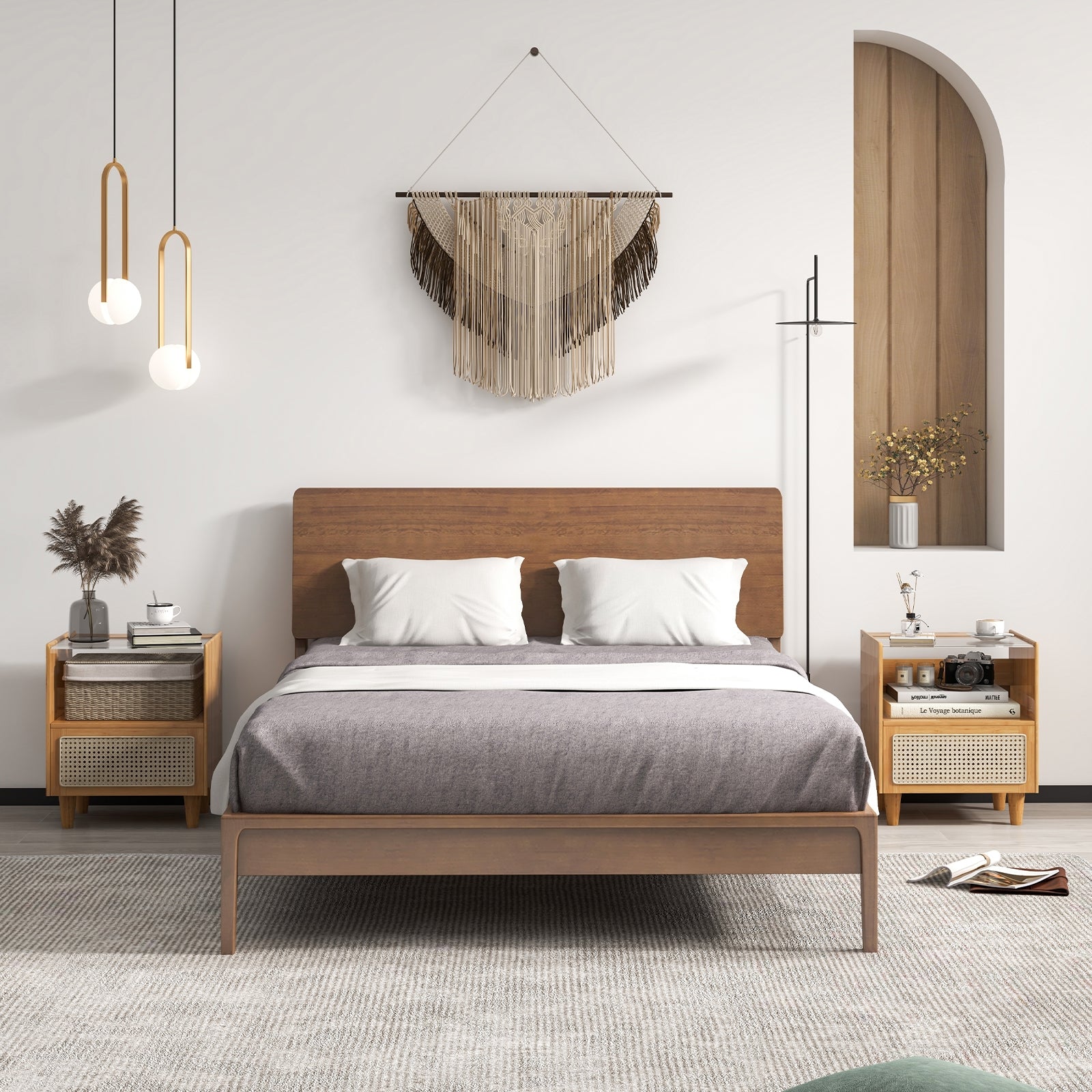 Bamboo Rattan Nightstand with Drawer and Solid Wood Legs, Natural Nightstands at Gallery Canada