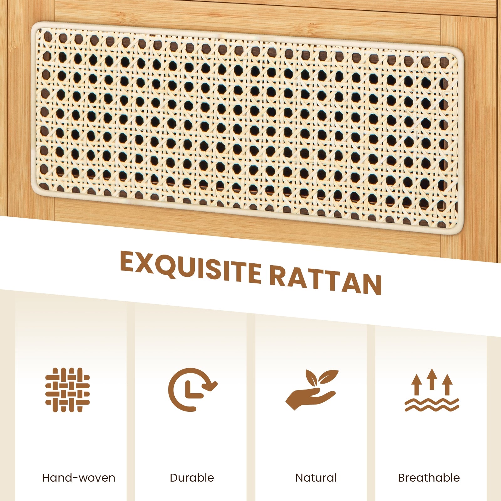 Bamboo Rattan Nightstand with Drawer and Solid Wood Legs, Natural Nightstands at Gallery Canada