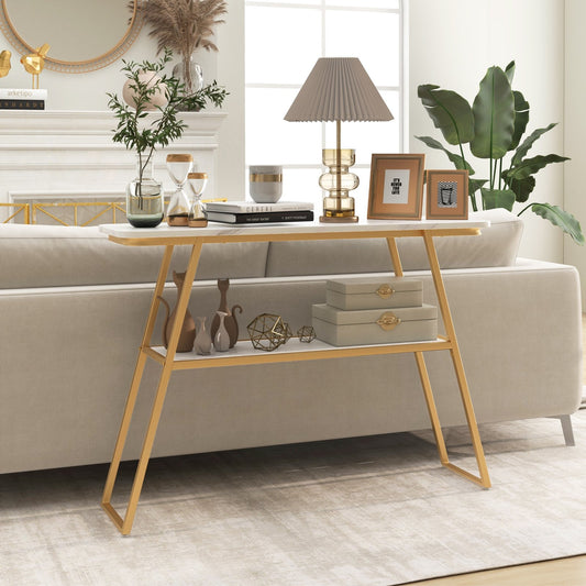 Console Table with Open Shelf Gold Metal Frame Living Room Hallway, White - Gallery Canada