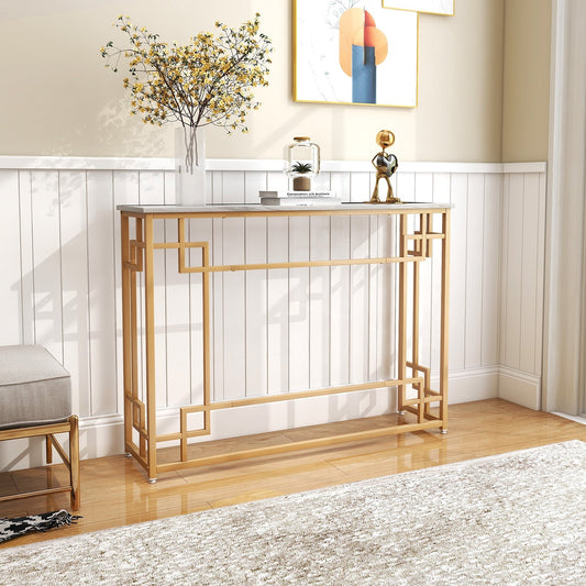 Modern Console Table with Geometric Frame and Faux Marble Tabletop, White - Gallery Canada