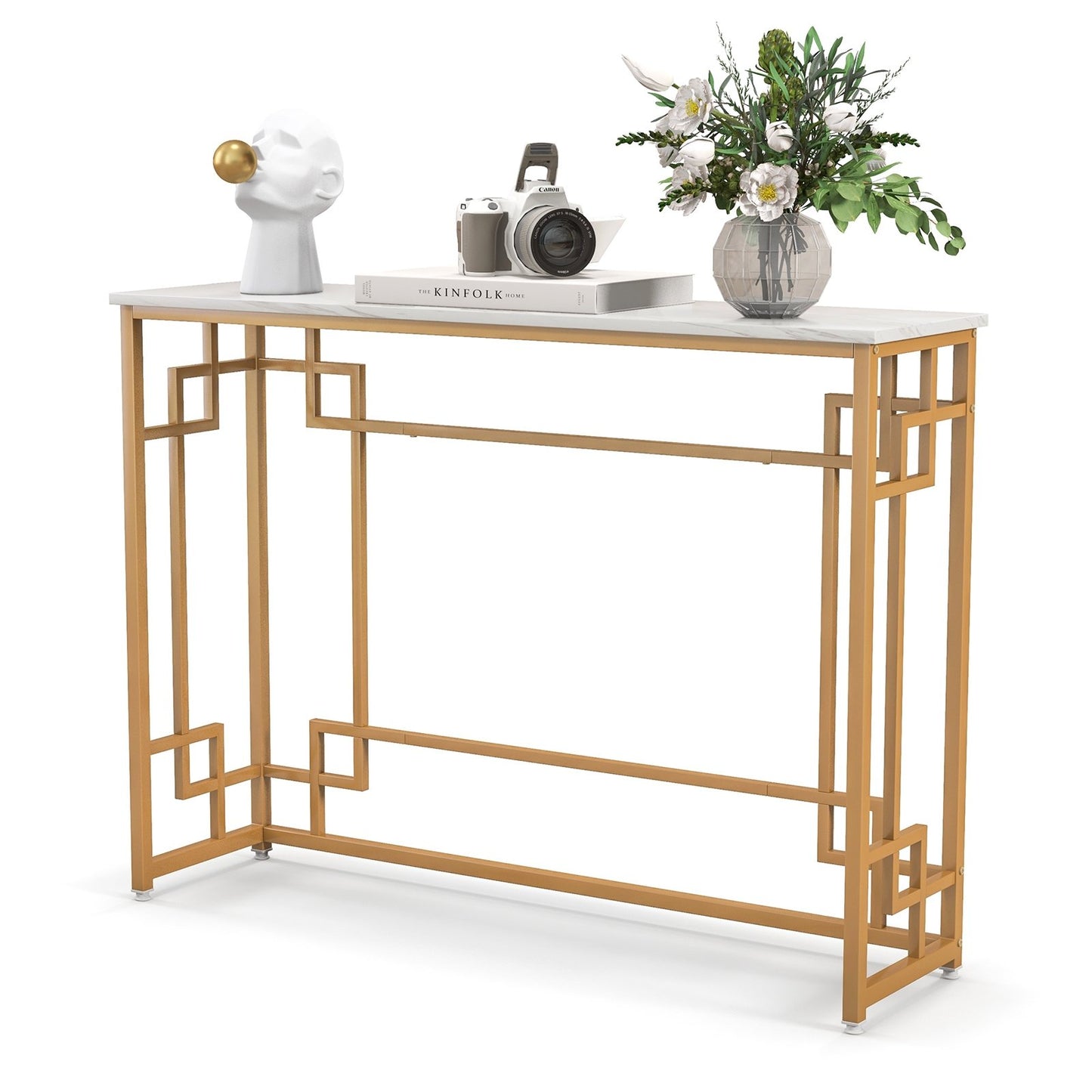 Modern Console Table with Geometric Frame and Faux Marble Tabletop, White
