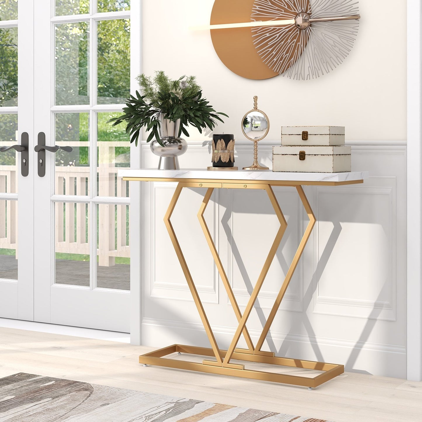 Gold Console Table with Diamond Shape Geometric Frame, White