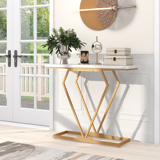 Gold Console Table with Diamond Shape Geometric Frame, White - Gallery Canada