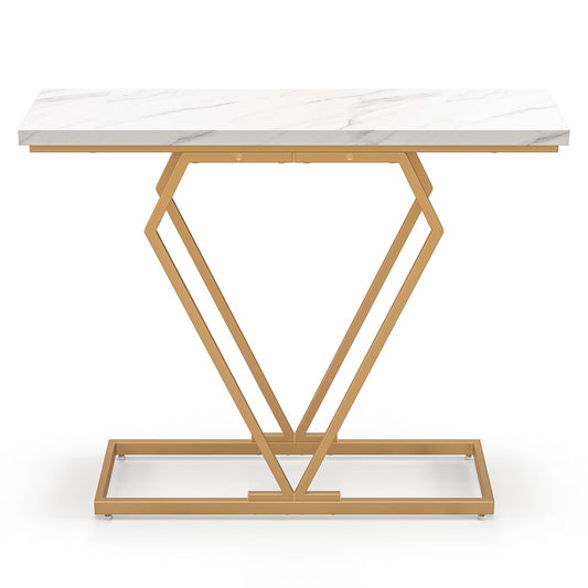 Gold Console Table with Diamond Shape Geometric Frame, White - Gallery Canada