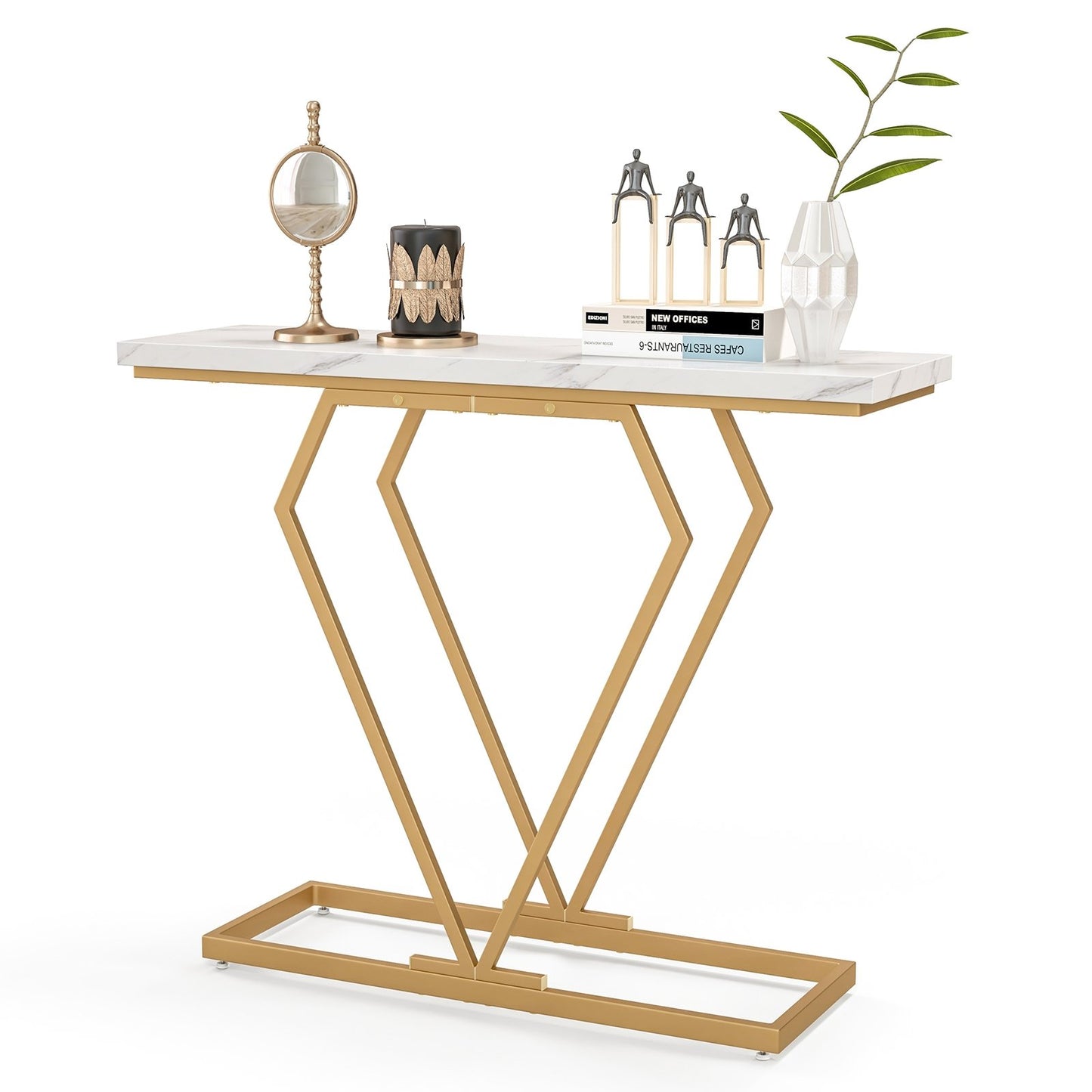 Gold Console Table with Diamond Shape Geometric Frame, White