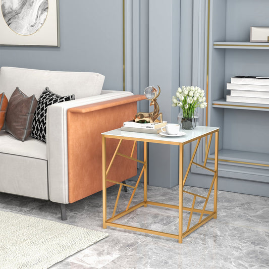 Square End Table with Tempered Glass Tabletop and Gold Finish Geometric Frame, Golden - Gallery Canada