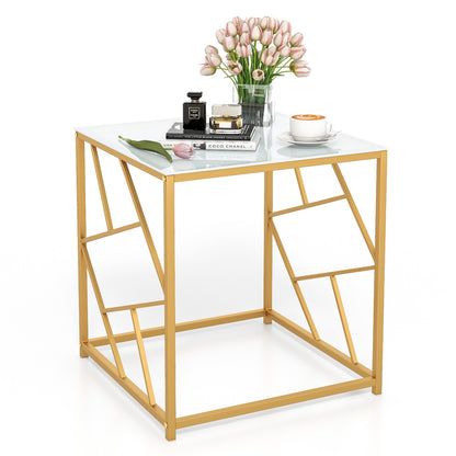 Square End Table with Tempered Glass Tabletop and Gold Finish Geometric Frame, Golden End & Side Tables Golden at Gallery Canada