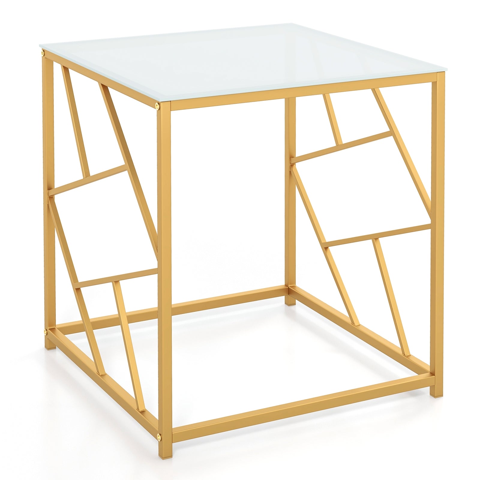 Square End Table with Tempered Glass Tabletop and Gold Finish Geometric Frame, Golden End & Side Tables at Gallery Canada