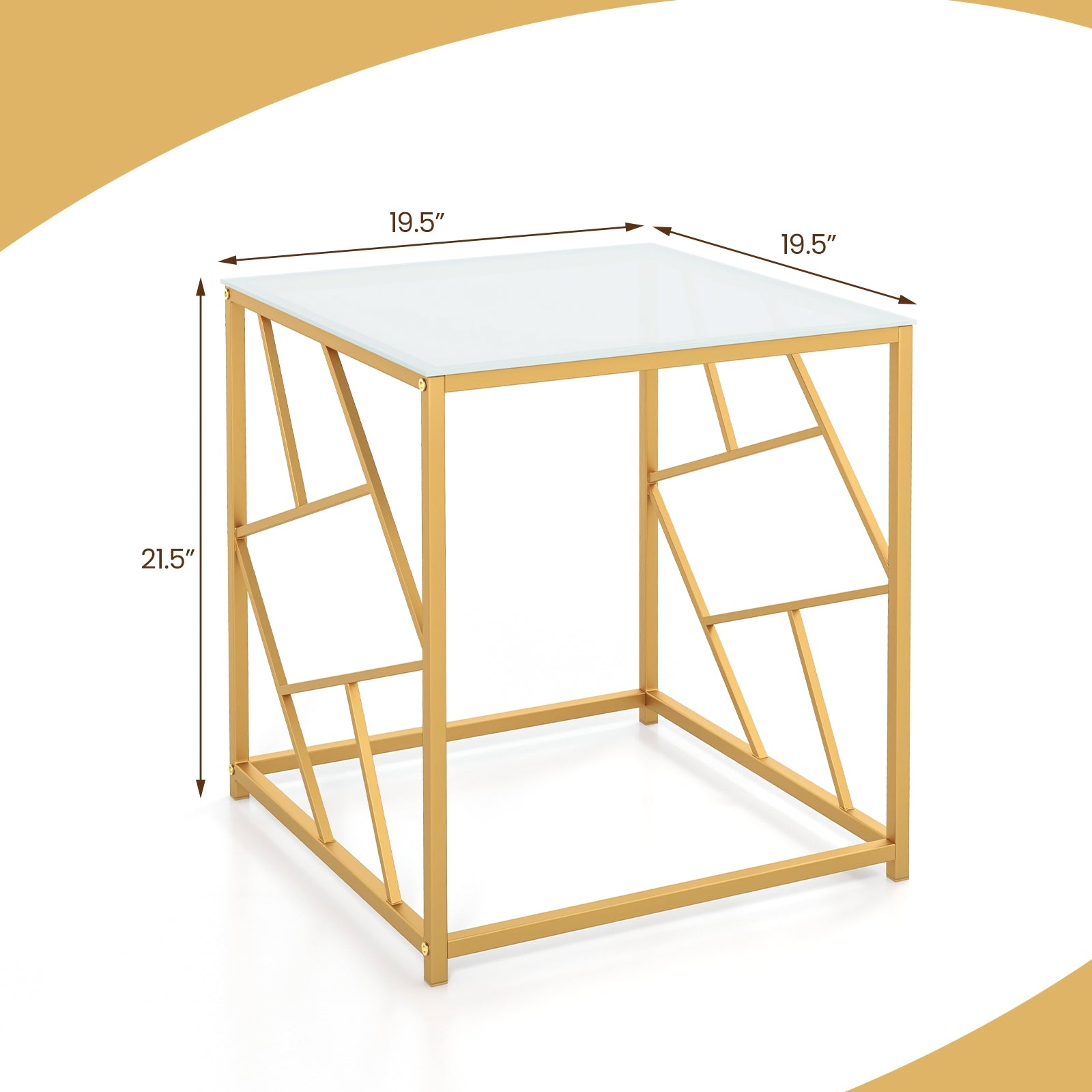 Square End Table with Tempered Glass Tabletop and Gold Finish Geometric Frame, Golden End & Side Tables at Gallery Canada
