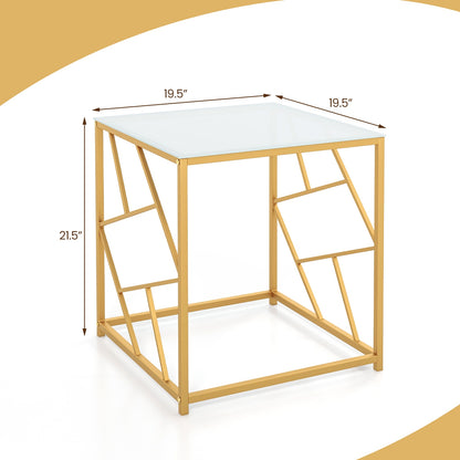 Square End Table with Tempered Glass Tabletop and Gold Finish Geometric Frame, Golden End & Side Tables at Gallery Canada
