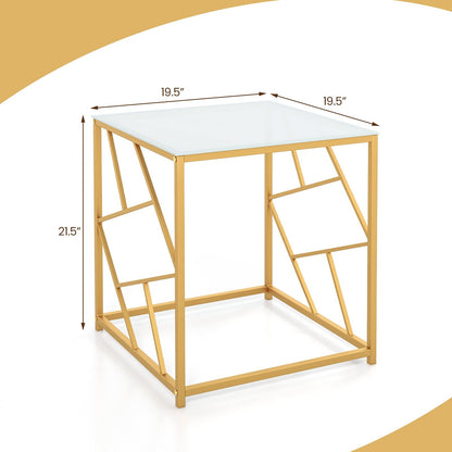 Square End Table with Tempered Glass Tabletop and Gold Finish Geometric Frame, Golden