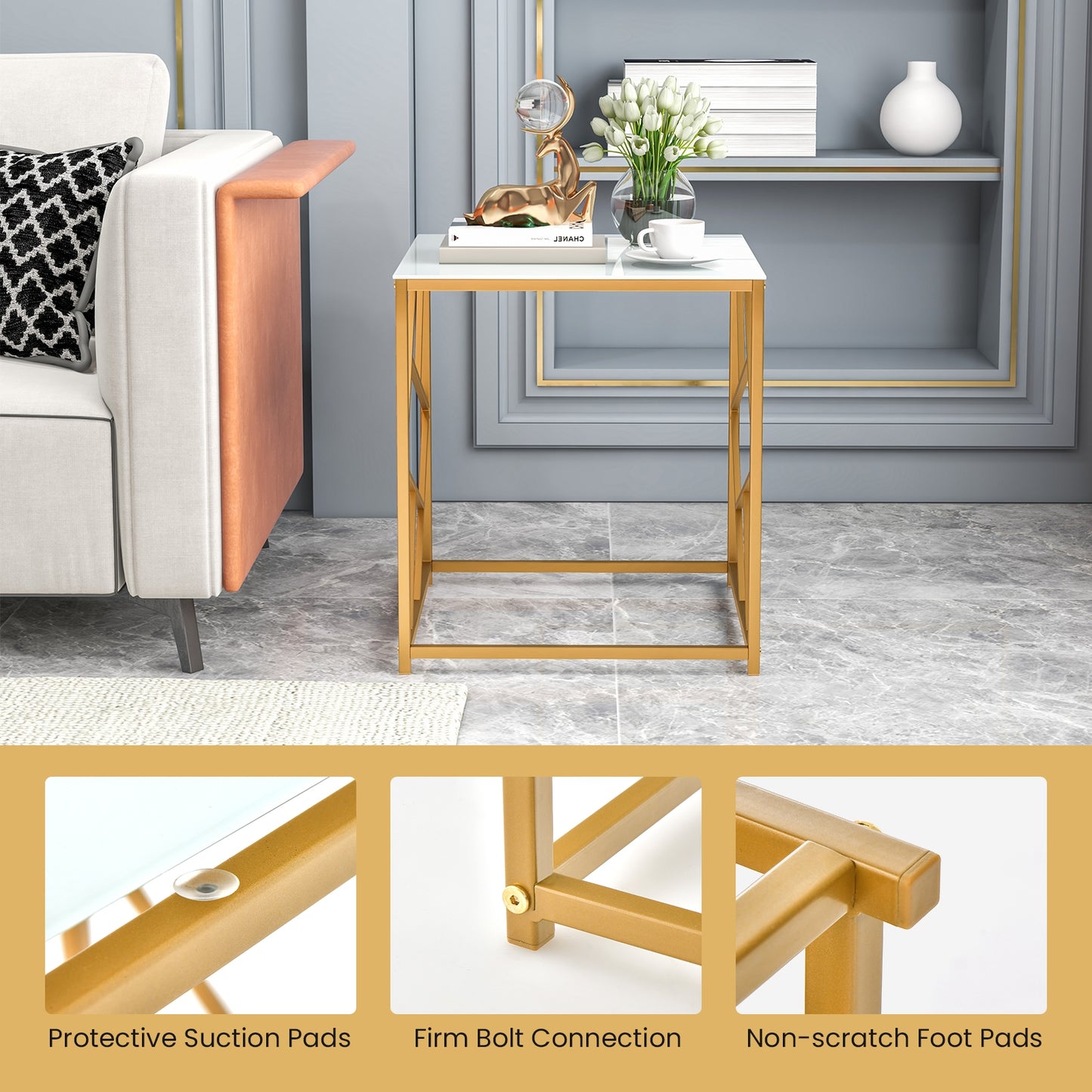 Square End Table with Tempered Glass Tabletop and Gold Finish Geometric Frame, Golden End & Side Tables at Gallery Canada