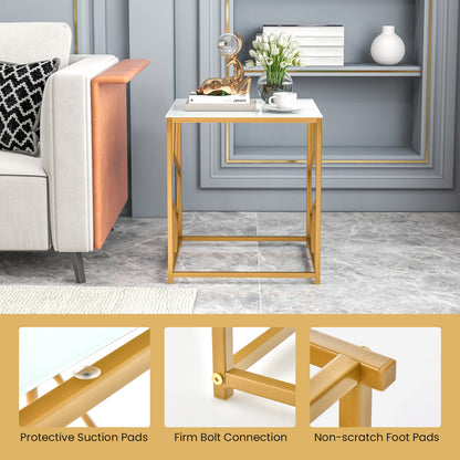 Square End Table with Tempered Glass Tabletop and Gold Finish Geometric Frame, Golden End & Side Tables at Gallery Canada