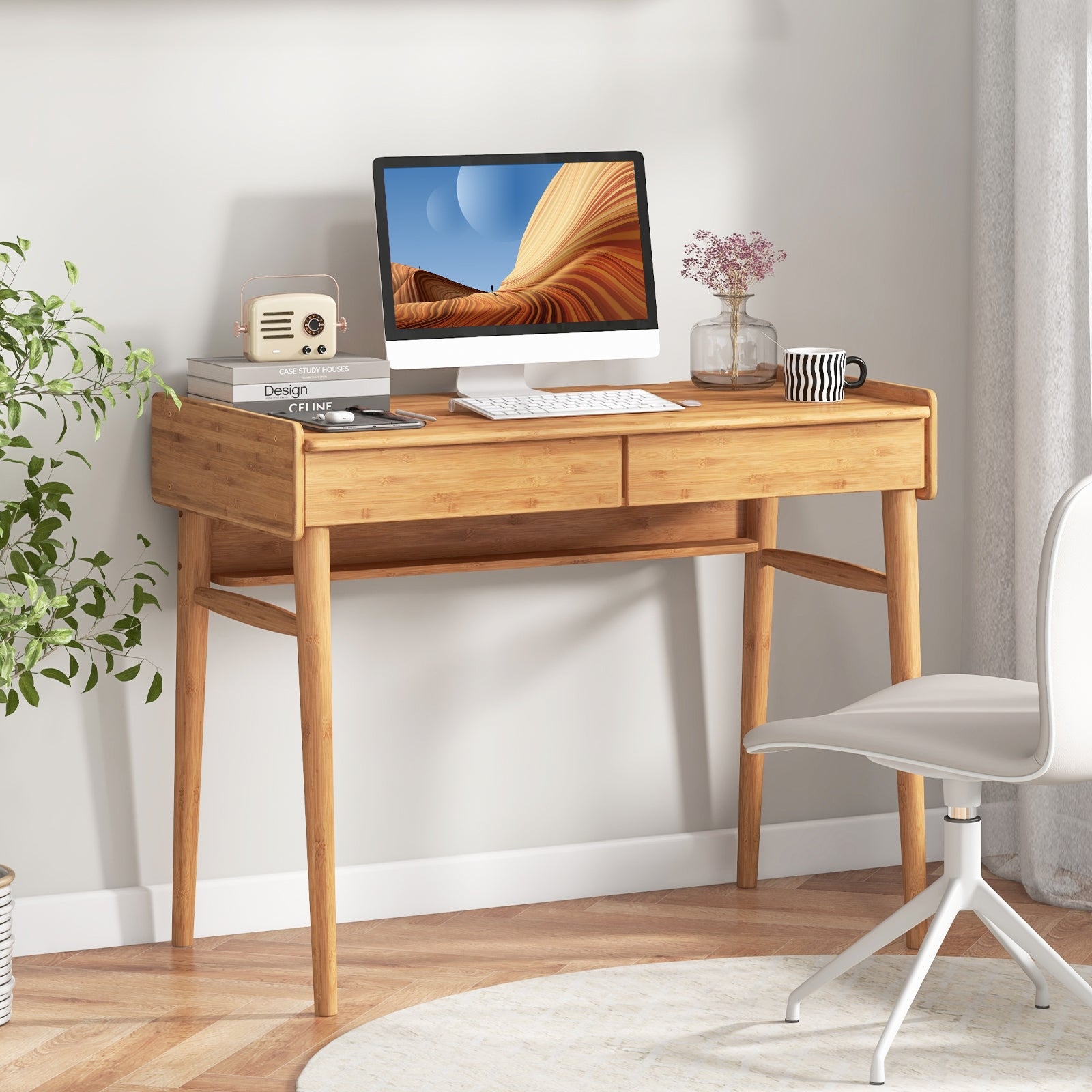 Bamboo Writing Desk with 2 Storage Drawers and Open Shelf, Natural Writing Desks at Gallery Canada