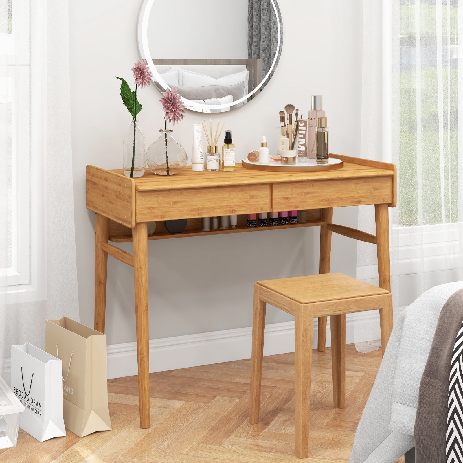 Bamboo Writing Desk, 2 Storage Drawers, Open Shelf, Natural Writing Desks at Gallery Canada