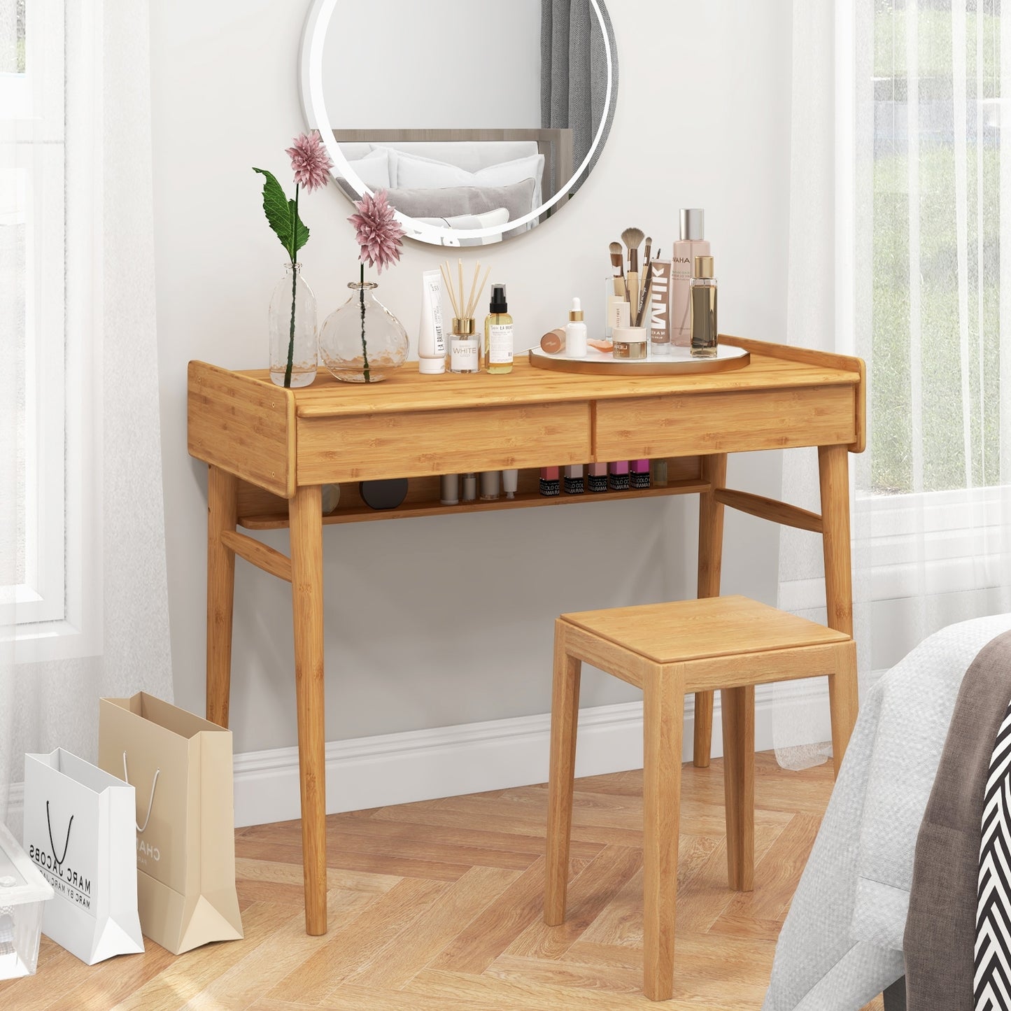 Bamboo Writing Desk, 2 Storage Drawers, Open Shelf, Natural Writing Desks at Gallery Canada