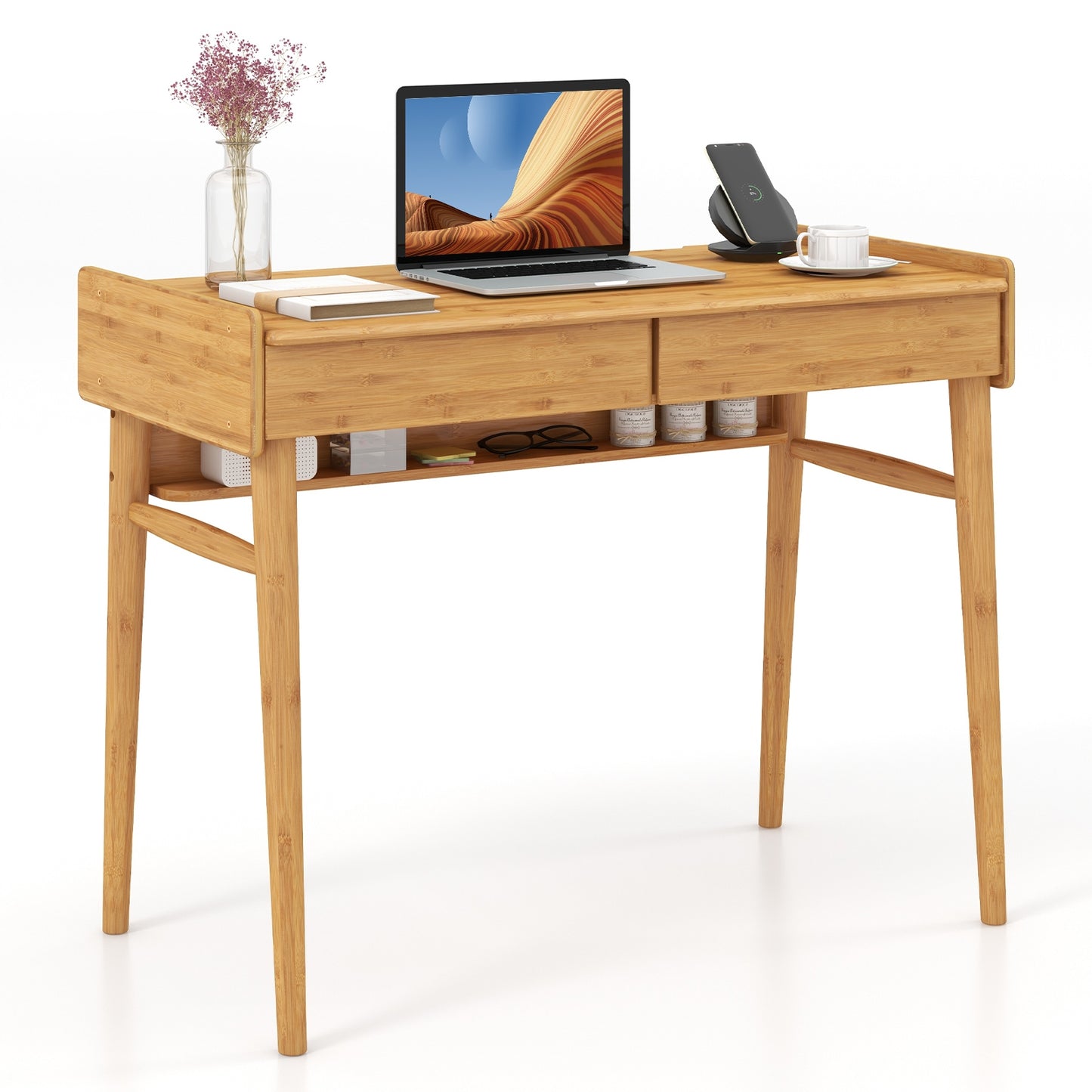 Bamboo Writing Desk with 2 Storage Drawers and Open Shelf, Natural Writing Desks Natural at Gallery Canada