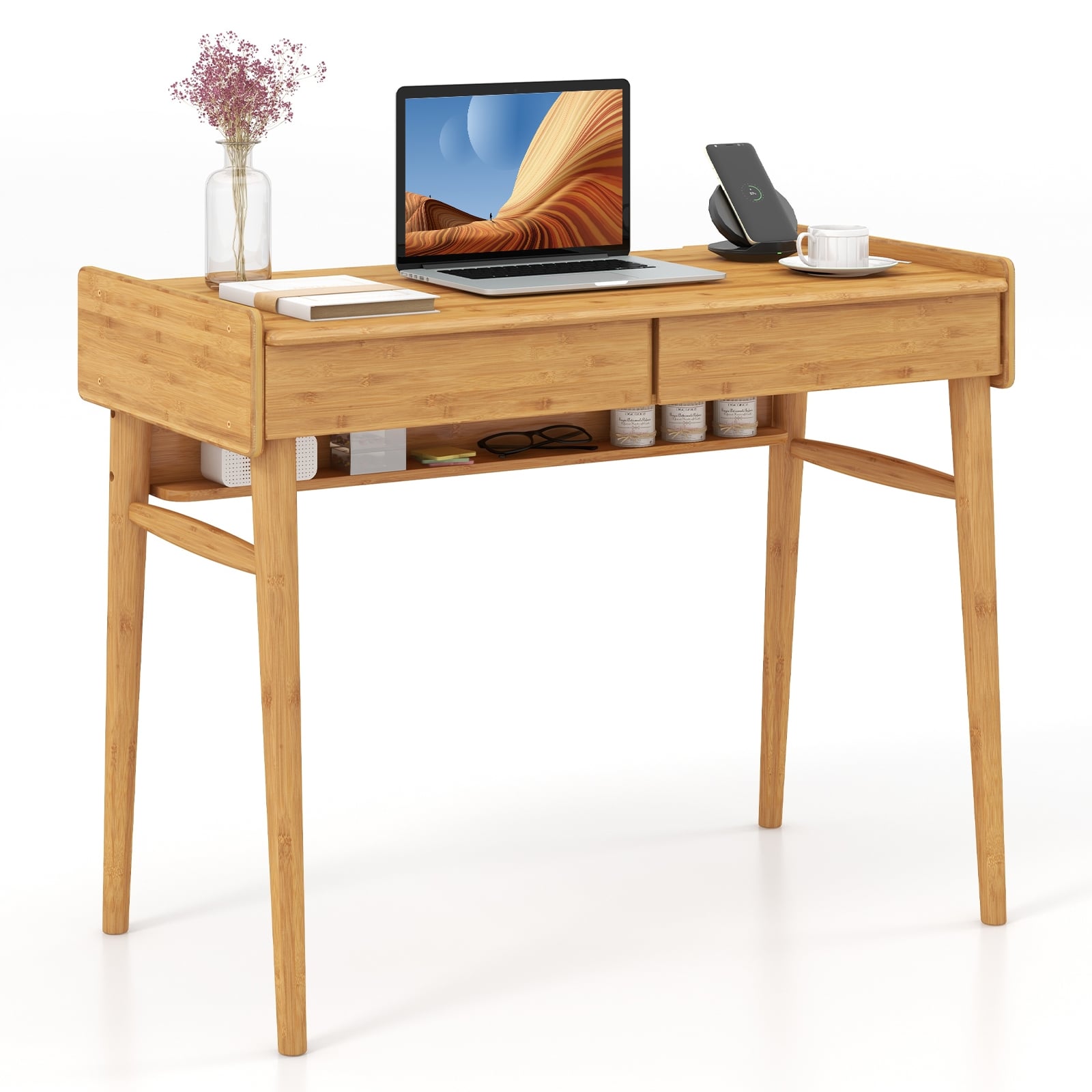 Bamboo Writing Desk, 2 Storage Drawers, Open Shelf, Natural Writing Desks at Gallery Canada
