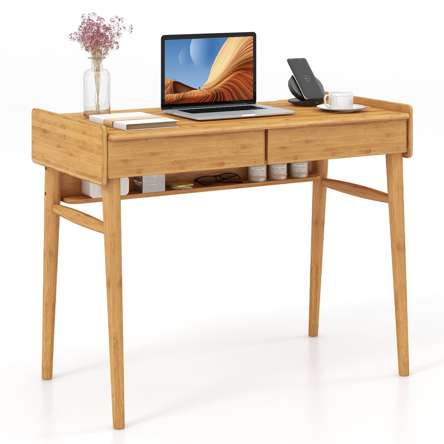 Bamboo Writing Desk, 2 Storage Drawers, Open Shelf, Natural Writing Desks at Gallery Canada