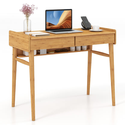 Bamboo Writing Desk with 2 Storage Drawers and Open Shelf, Natural Writing Desks at Gallery Canada