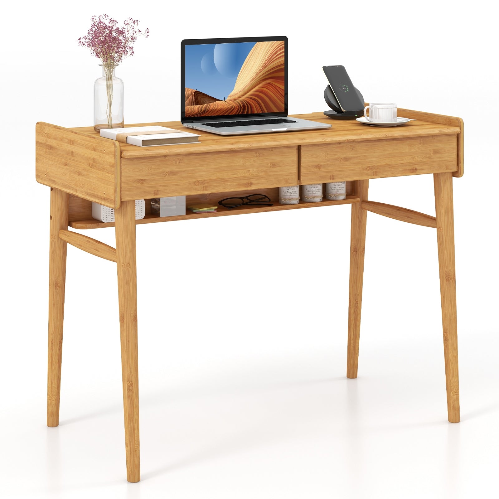 Bamboo Writing Desk, 2 Storage Drawers, Open Shelf, Natural Writing Desks Natural at Gallery Canada