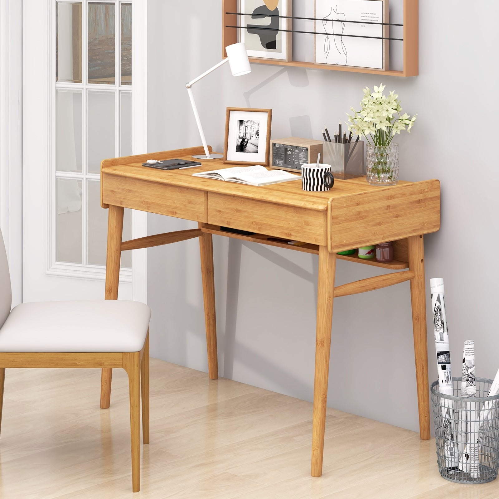 Bamboo Writing Desk with 2 Storage Drawers and Open Shelf, Natural Writing Desks at Gallery Canada