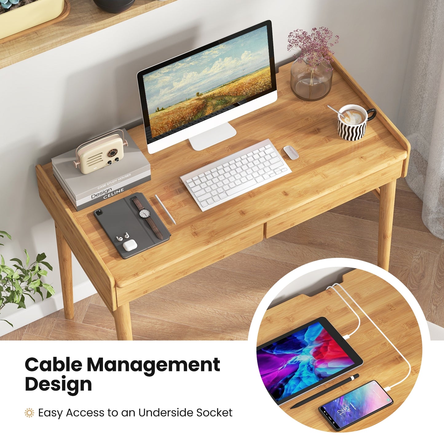 Bamboo Writing Desk, 2 Storage Drawers, Open Shelf, Natural Writing Desks at Gallery Canada