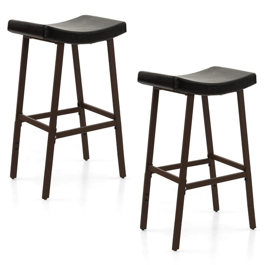Bar Stools Set of 2 with PU Leather Upholstered Saddle Seat and Footrest, Brown - Gallery Canada