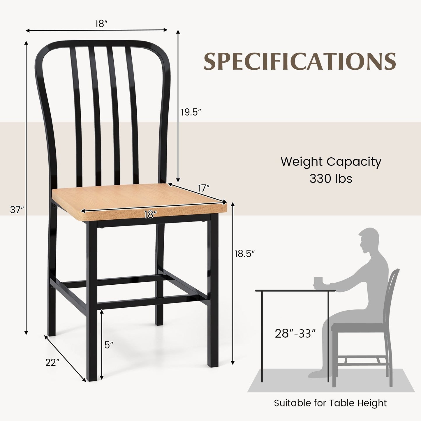 Armless Spindle Back Dining Chair Set of 2 with Ergonomic Seat, Black