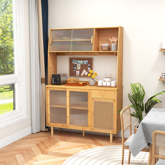 69 Inch Wine Bar Kitchen Cabinet with Sliding Tempered Glass and Rattan Door, Natural Sideboards Cabinets & Buffets Natural at Gallery Canada