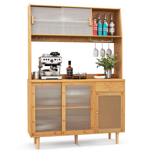 69 Inch Wine Bar Cabinet, Sliding Tempered Glass, Rattan Door, Natural Sideboards Cabinets & Buffets Natural at Gallery Canada