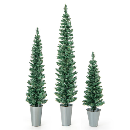 Set of 3 Artificial Christmas Trees, Silver Metal Buckets, Green