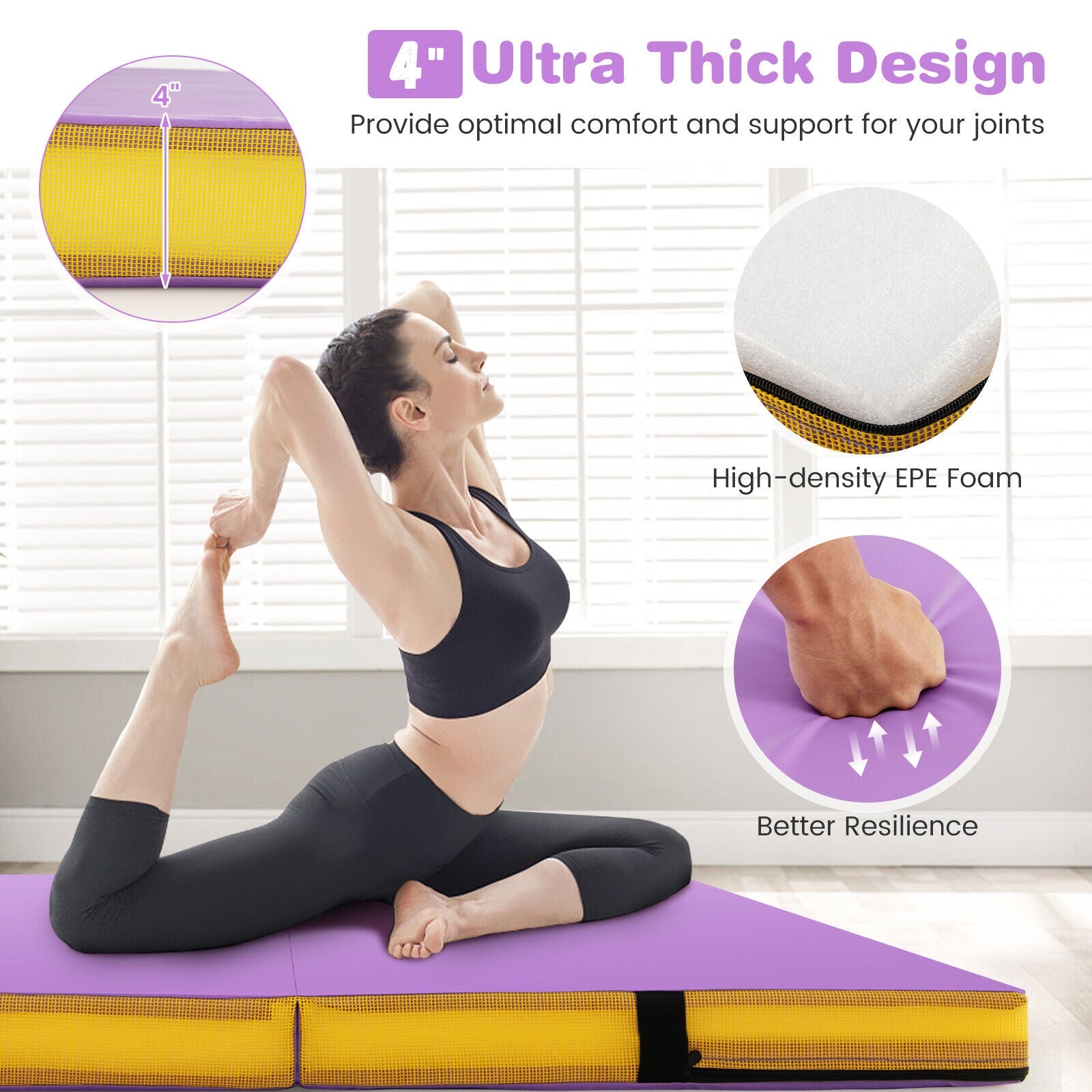 4ft x 4ft x 4in Bi-Folding Gymnastic Tumbling Mat with Handles and Cover, Purple Yoga & Gym Mats at Gallery Canada