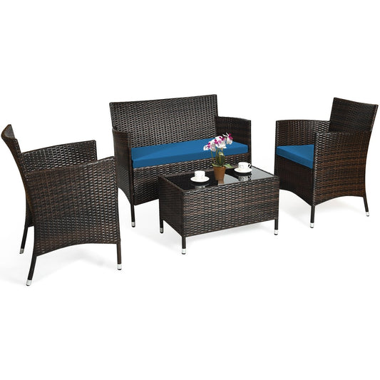 4 Pieces Comfortable Outdoor Rattan Sofa Set with Glass Coffee Table, Peacock Blue - Gallery Canada