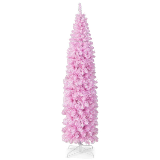 5/6/7 FT Pre-lit Artificial Christmas Tree with Branch Tips LED Lights Metal Stand-7ft, Pink - Gallery Canada