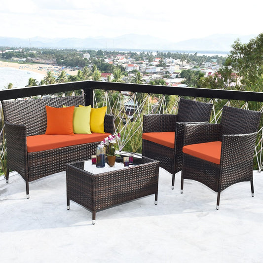 4 Pieces Comfortable Outdoor Rattan Sofa Set with Glass Coffee Table, Orange - Gallery Canada