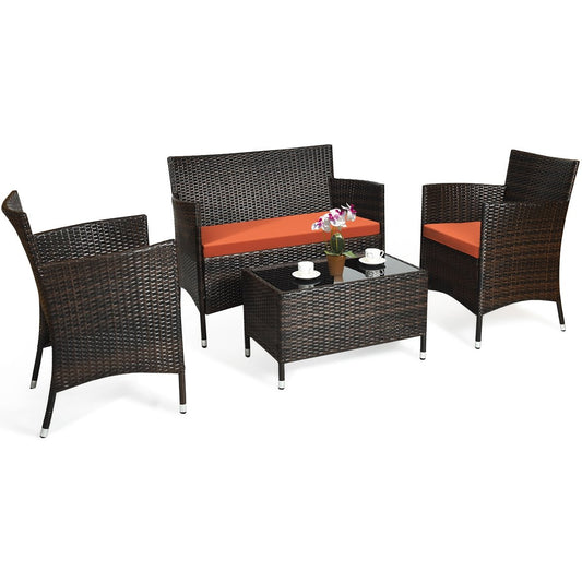 4 Pieces Comfortable Outdoor Rattan Sofa Set with Glass Coffee Table, Orange - Gallery Canada