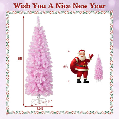 5/6/7 FT Pre-lit Artificial Christmas Tree with Branch Tips LED Lights Metal Stand-5ft, Pink