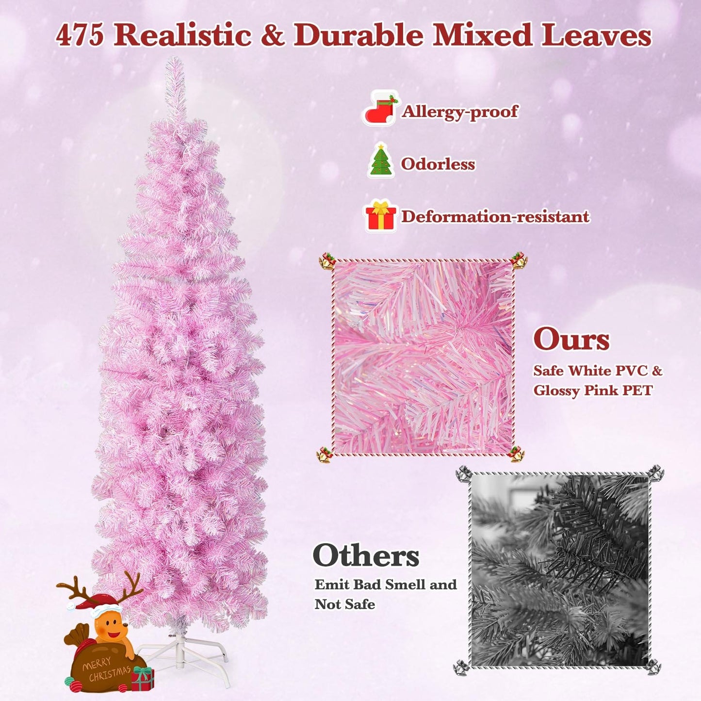 5/6/7 FT Pre-lit Artificial Christmas Tree with Branch Tips LED Lights Metal Stand-6ft, Pink