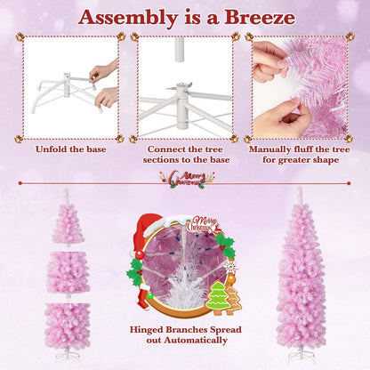 5/6/7 FT Pre-lit Artificial Christmas Tree with Branch Tips LED Lights Metal Stand-6ft, Pink