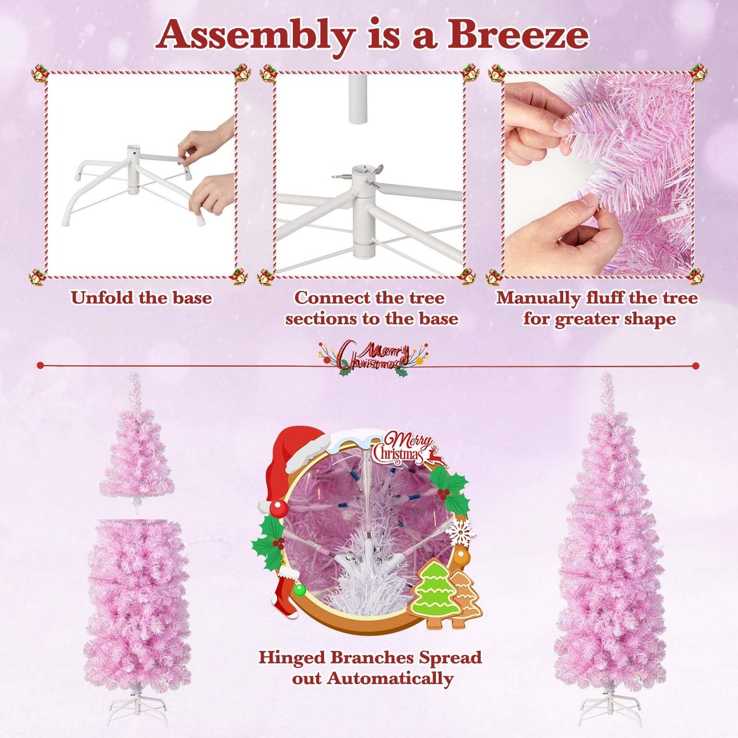 5/6/7 FT Pre-lit Artificial Christmas Tree with Branch Tips LED Lights Metal Stand-5ft, Pink