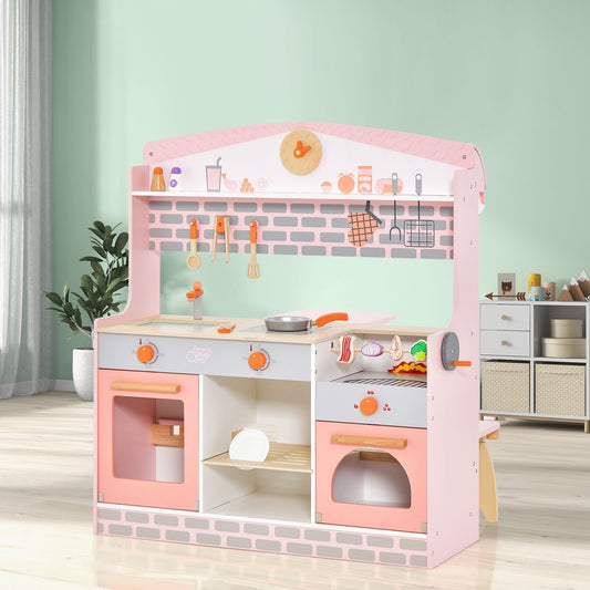 Double-Sided Kids Play Kitchen Set with Canopy and 2 Seats, Pink - Gallery Canada