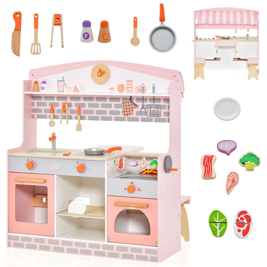 Double-Sided Kids Play Kitchen Set with Canopy and 2 Seats, Pink Play Kitchen Sets Pink at Gallery Canada