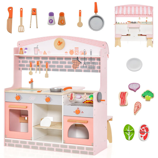 Double-Sided Kids Play Kitchen Set with Canopy and 2 Seats, Pink