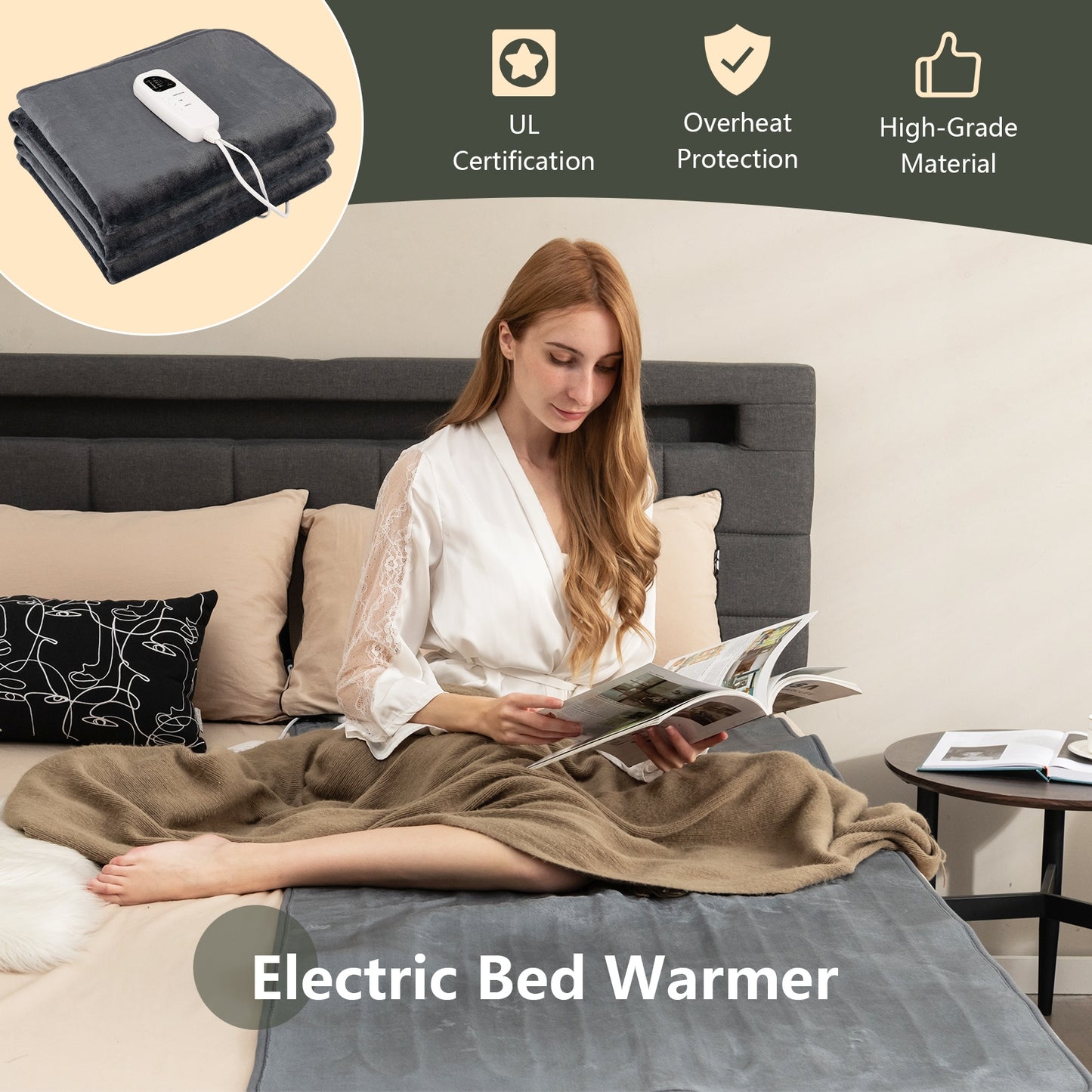 Electric Heated Mattress Pad with 5 Heating Levels and Overheat Protection, Gray Bedroom at Gallery Canada