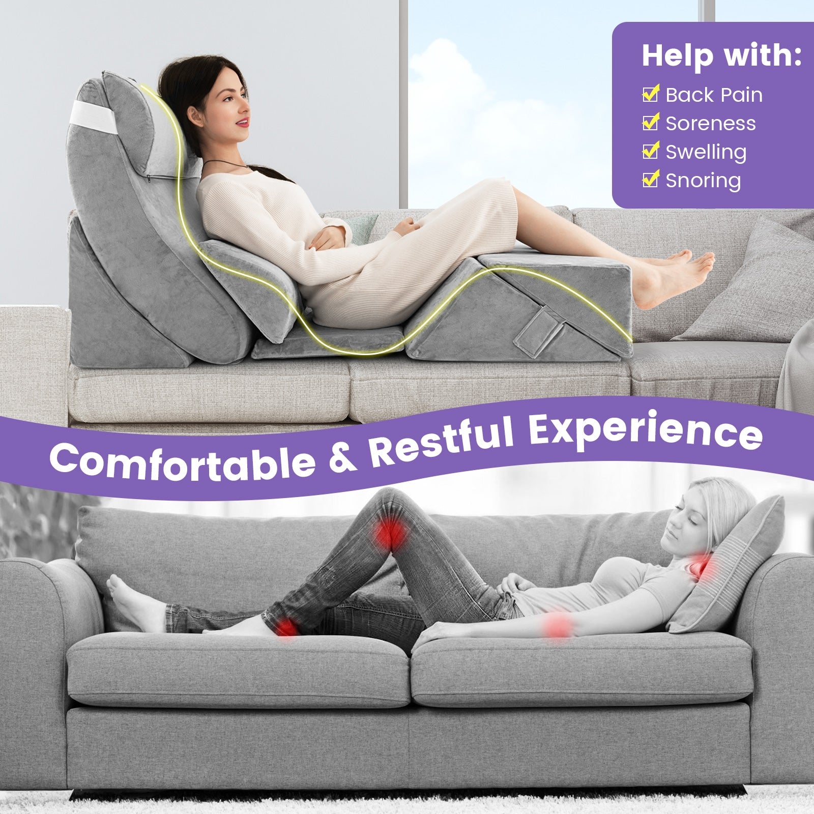 7 Pieces Bed Wedge Pillow Set with Memory Foam and Washable Cover, Gray Bedding at Gallery Canada