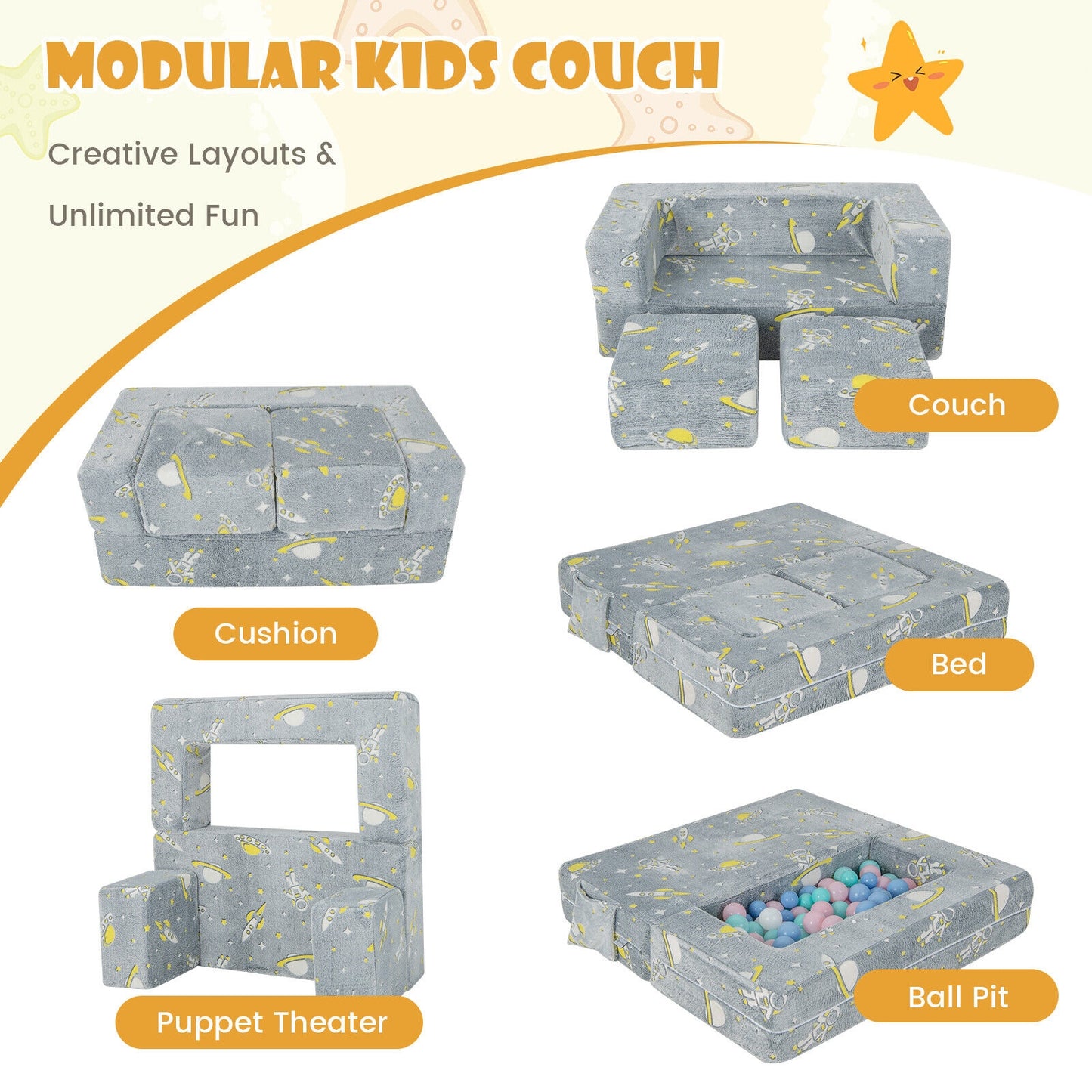Kids Play Sofa with Ottoman and Removable & Machine Washable Cover, Gray Kids Chairs & Seating at Gallery Canada
