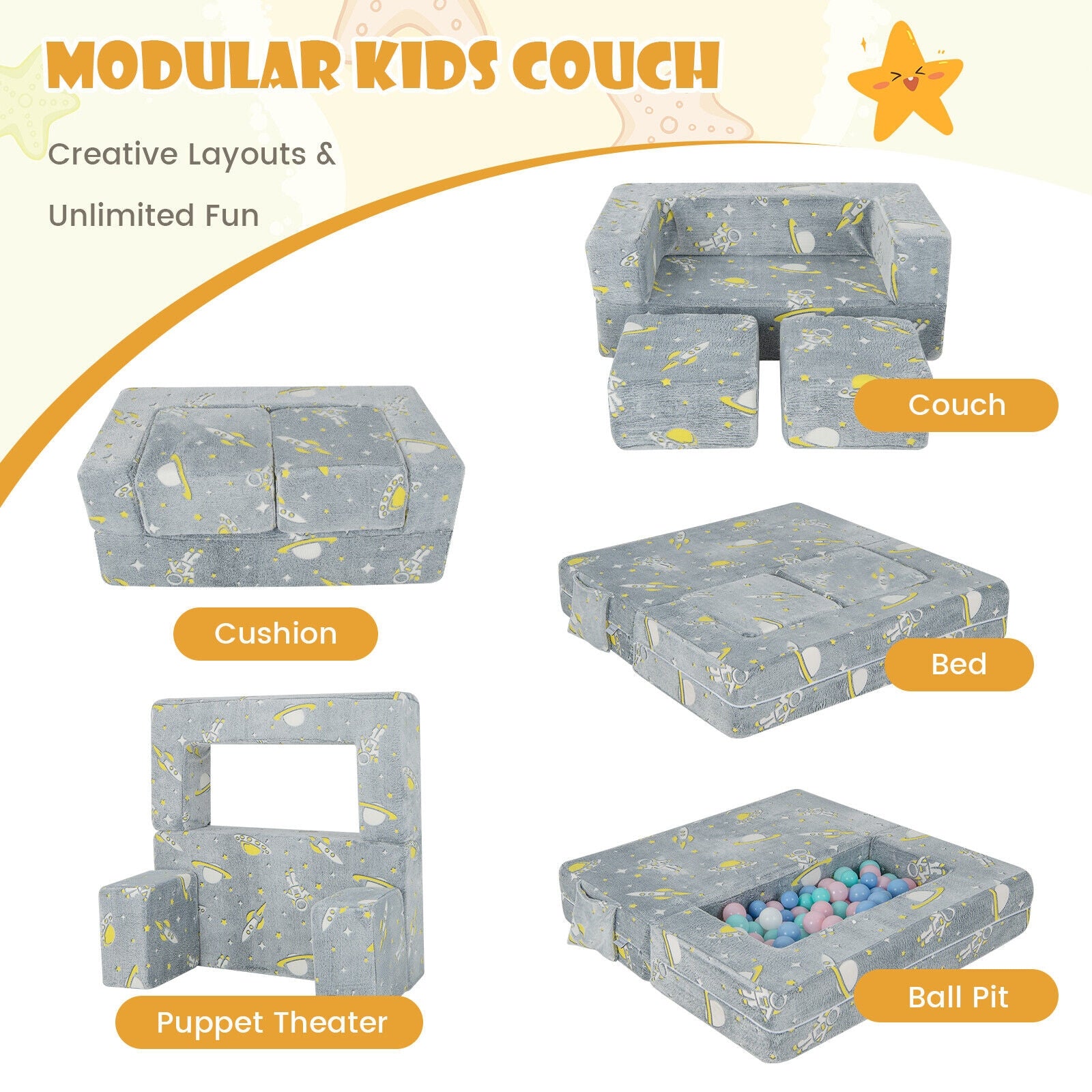 Kids Play Sofa with Ottoman and Removable & Machine Washable Cover, Gray Kids Chairs & Seating at Gallery Canada