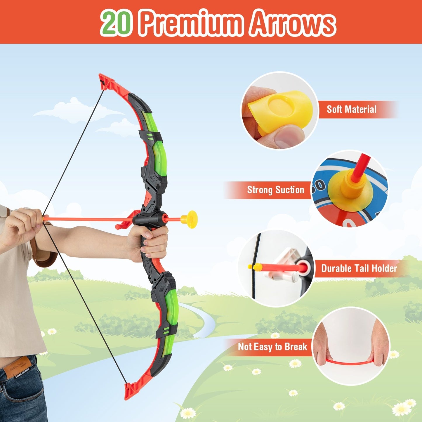 Youth Archery Bow Set with LED Light Up Bow and 20 Suction Cup Arrows for Kids, Multicolor