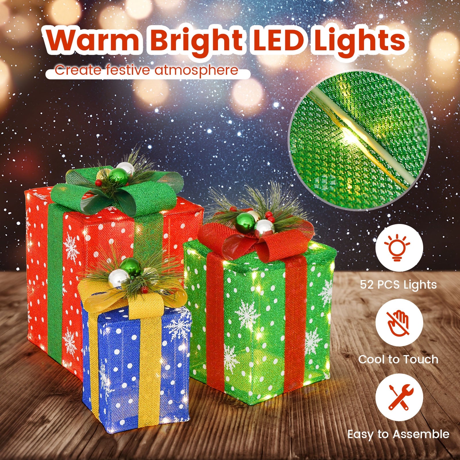 3 PCS Christmas Lighted Gift Boxes, 52 LED Lights, Multicolor Christmas at Gallery Canada